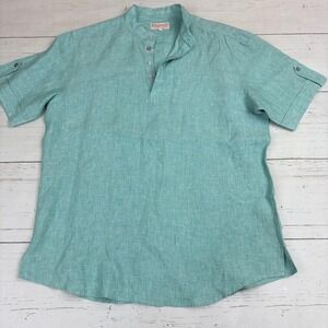Inserch Mens Linen Popover Shirt XL Green Short Sleeve 100% Linen Band Collar